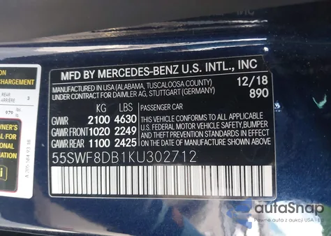 2019 Mercedes-Benz C 300 z USA, uszkodzony, nr VIN 55SWF8DB1KU302712